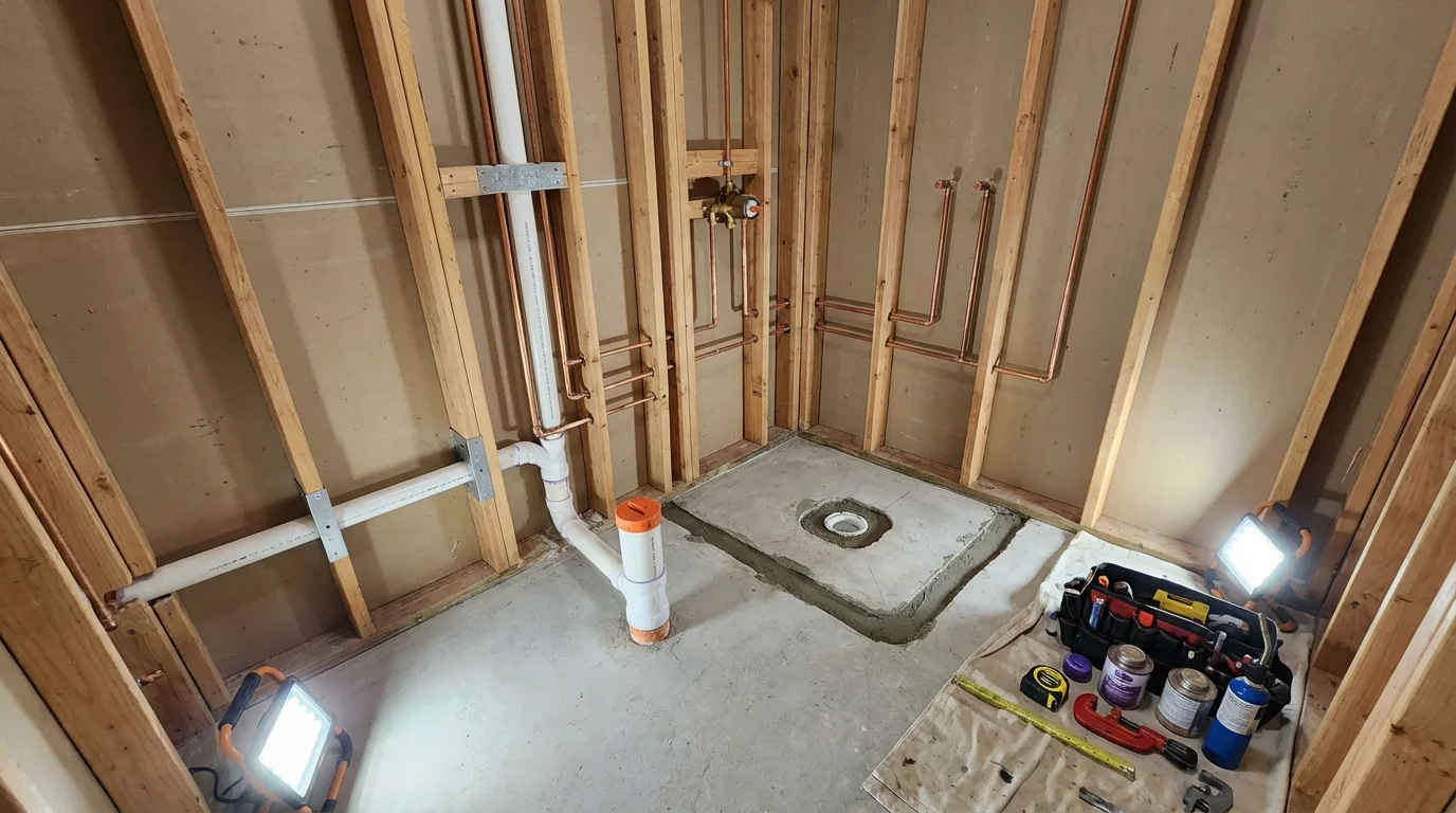 Bathroom rough-in plumbing during remodel by Johns Plumbing LLC in Sebastopol