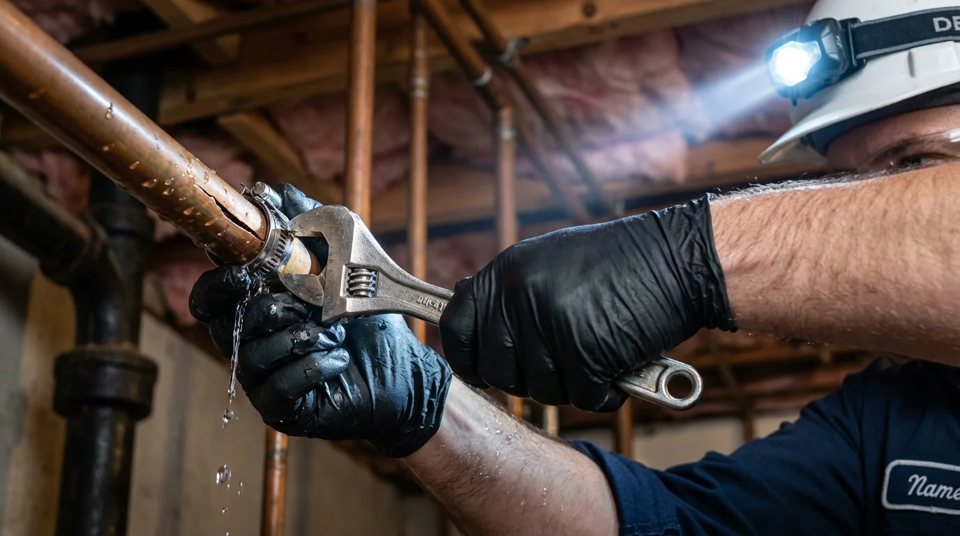 Emergency pipe clamp repair being performed by a Johns Plumbing LLC plumber in Sebastopol