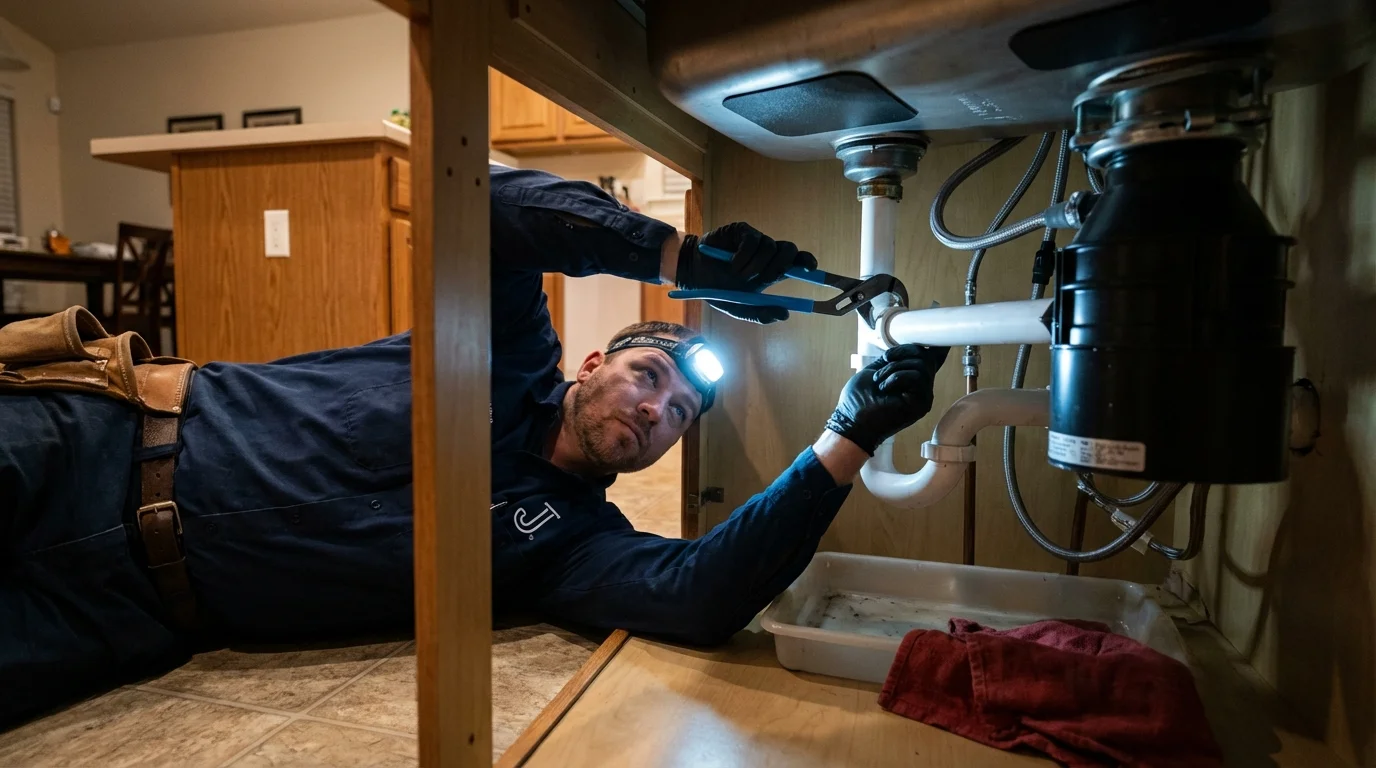 P-trap and supply line connections under a kitchen sink showing a common leak point in Sebastopol, CA